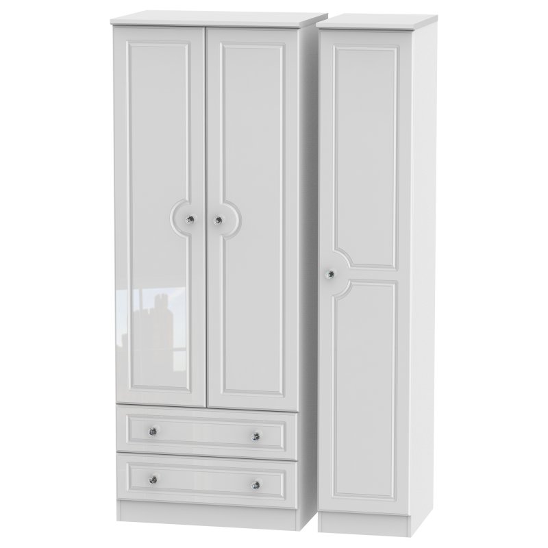 Edinbrugh Tall Triple 2 Drawer Wardrobe White Gloss angled image of the wardrobe on a white background