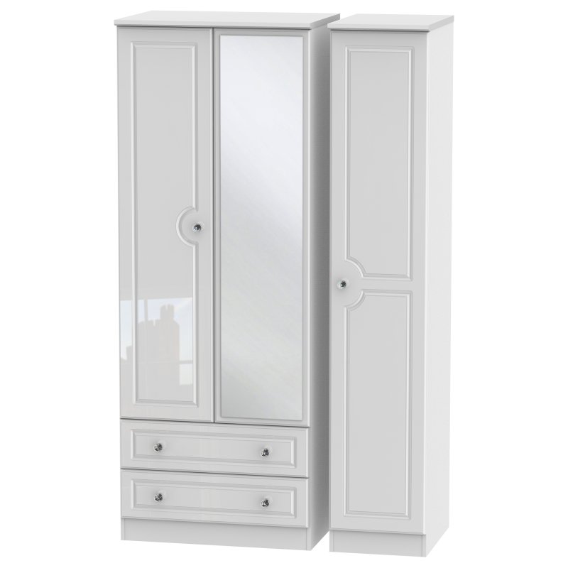 Edinbrugh Tall Triple 2 Drawer Mirrored Wardrobe White Gloss angled image of the wardrobe on a white background