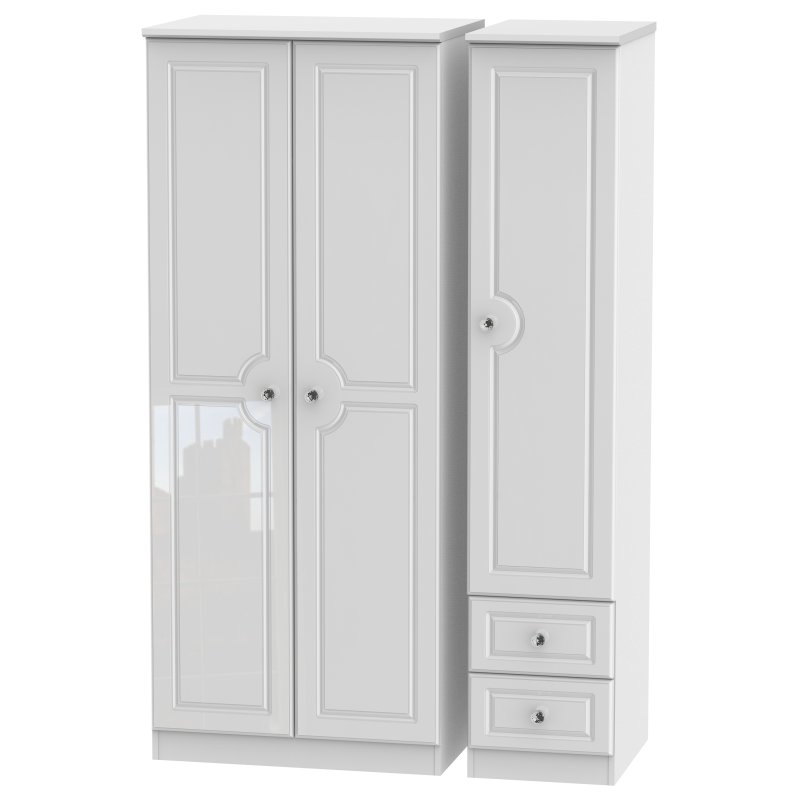 Edinbrugh Triple Plain Wardrobe with Drawers White Gloss angled image of the wardrobe on a white background