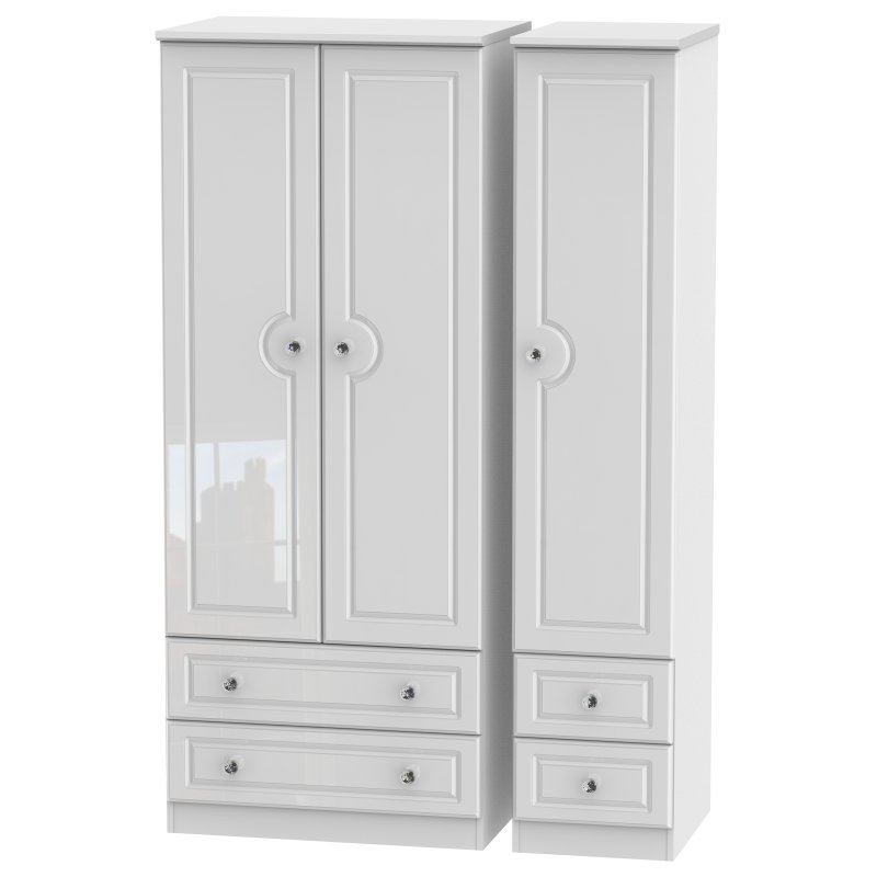 Edinbrugh Triple Wardrobe with 2 Drawers White Gloss angled image of the wardrobe on a white background