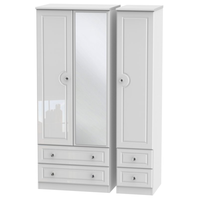 Edinbrugh Triple Mirrored Wardrobe with 2 Drawers White Gloss angled image of the wardrobe on a white background