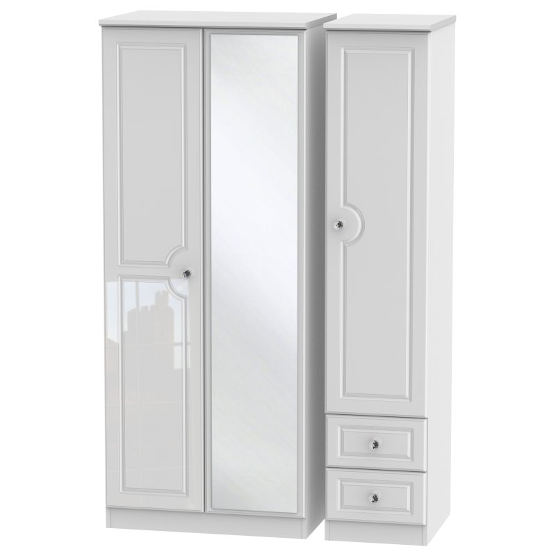 Edinbrugh Triple Mirrored Wardrobe with Drawers White Gloss angled image of the wardrobe on a white background