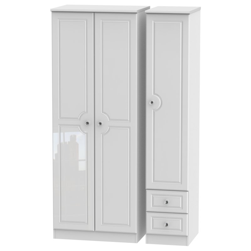 Edinbrugh Tall Triple Plain Wardrobe with Drawers White Gloss angled image of the wardrobe on a white background