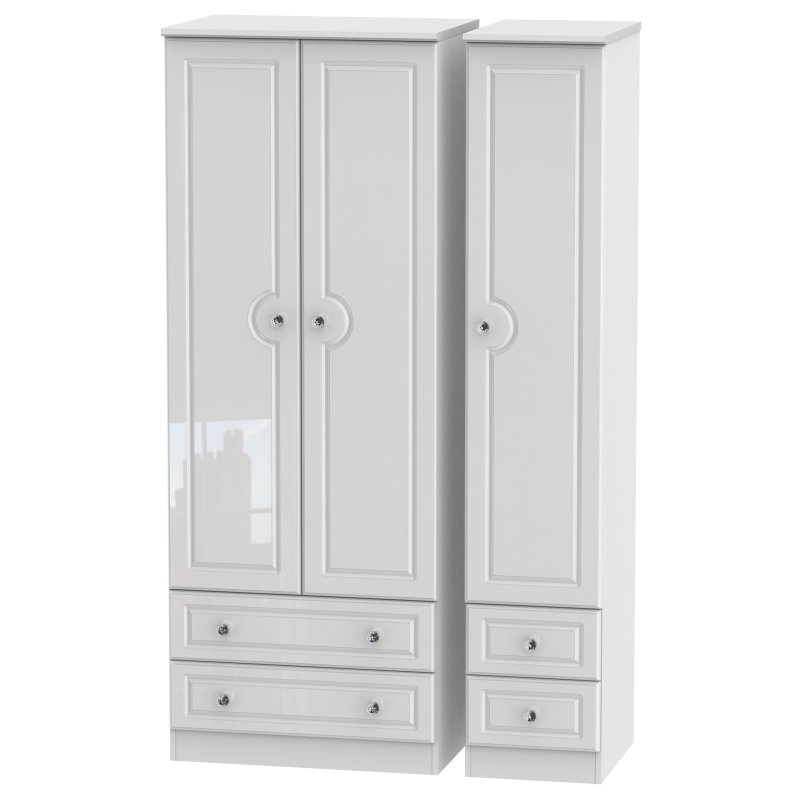 Edinbrugh Tall Triple Wardrobe with 2 Drawers White Gloss angled image of the wardrobe on a white backgorund