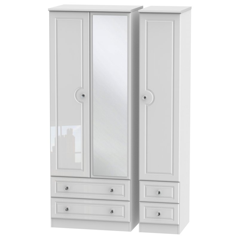 Edinbrugh Tall Triple Mirrored Wardrobe with 2 Drawers White Gloss angled image of the wardrobe on a white background