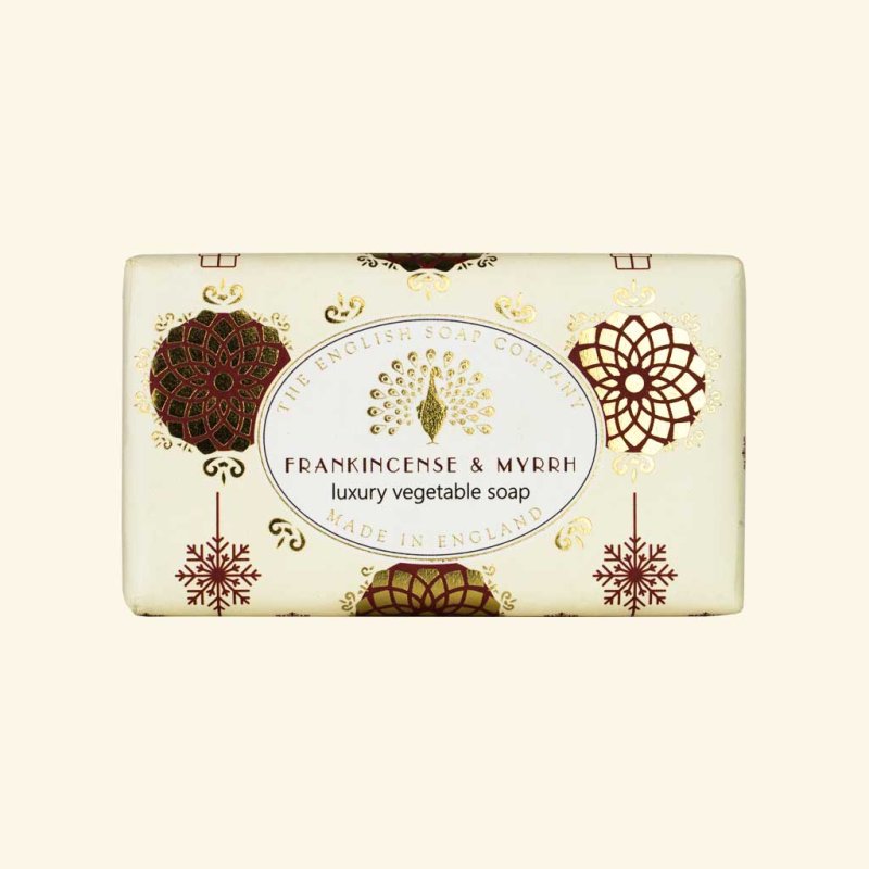 The English Soap Company Frankincense and Myrrh Soap image of the soap in wrapping on an off white background