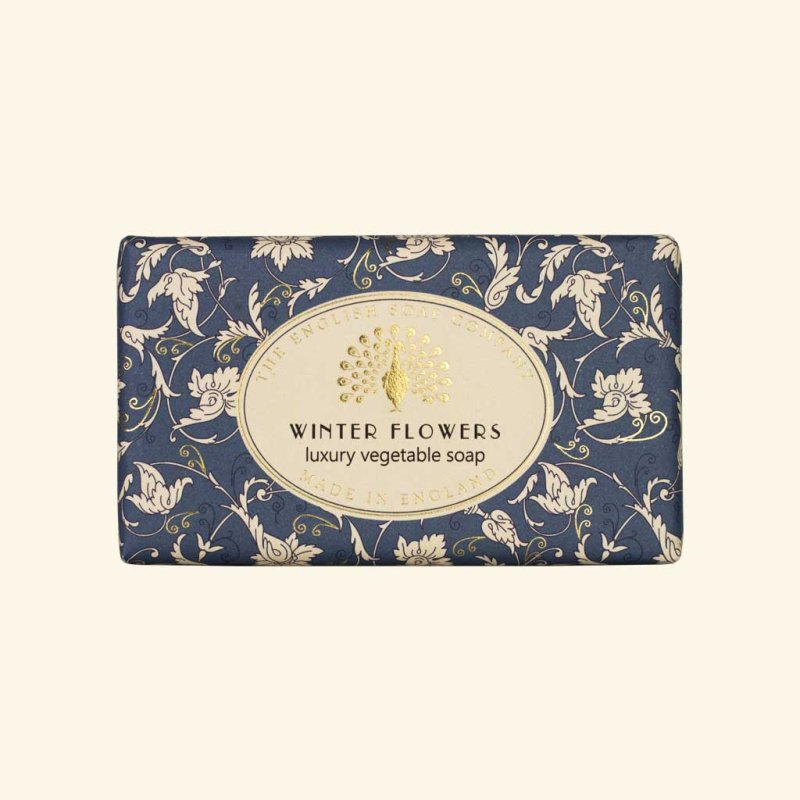 The English Soap Company Winter Flowers Christmas Soap image of the wrapped soap on an off white background
