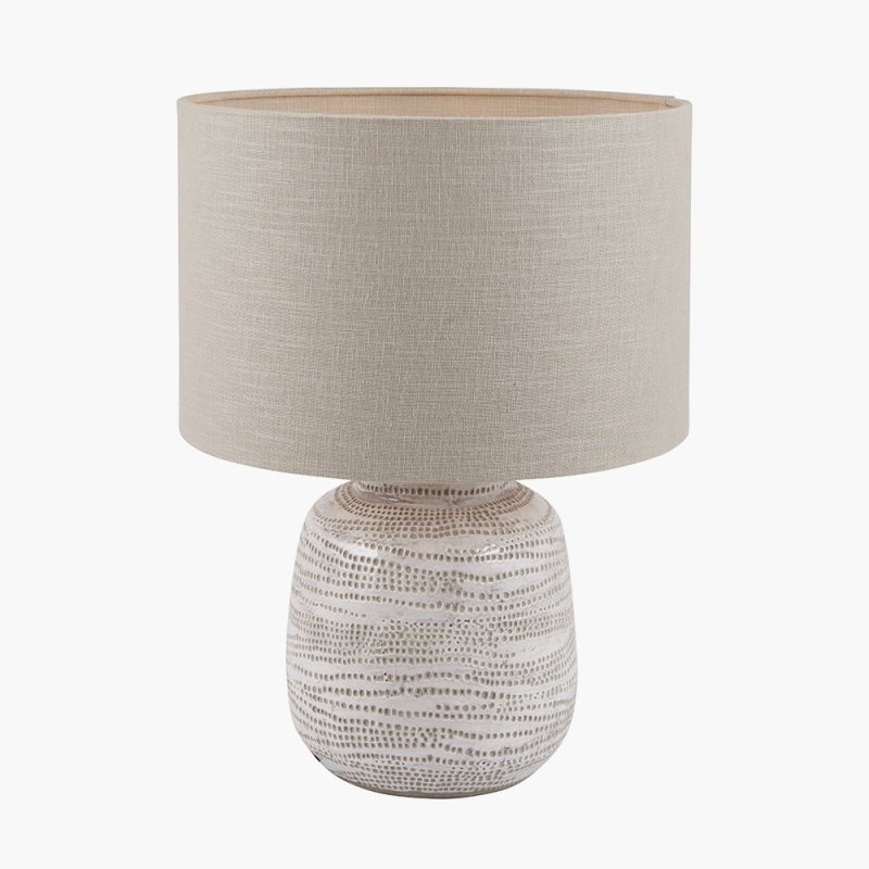 Alina White Dot Design Small Stoneware Table Lamp with Natural Linen Shade image of the lamp with shade on a white background