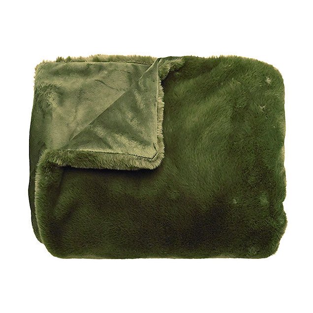 Waltons & Co Luxe Faux Fur Olive Throw image of the throw folded up on a white background