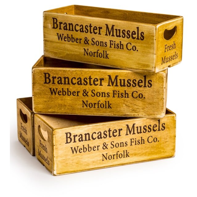 Set Of 4 Antiqued Brancaster Mussels Wooden Boxes image of the boxes on a white background