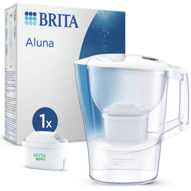 Brita Aluna Water Filter White 2.4L Jug image of the jug and box on a white background