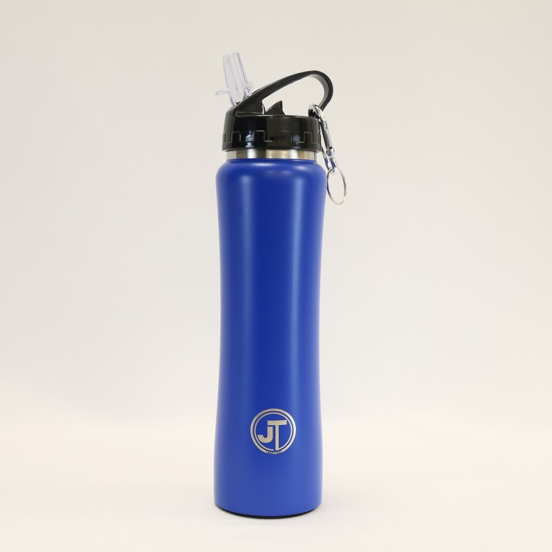 JT Fitness Royal Blue 500ml Straw Water Bottle image of the bottle on a beige background