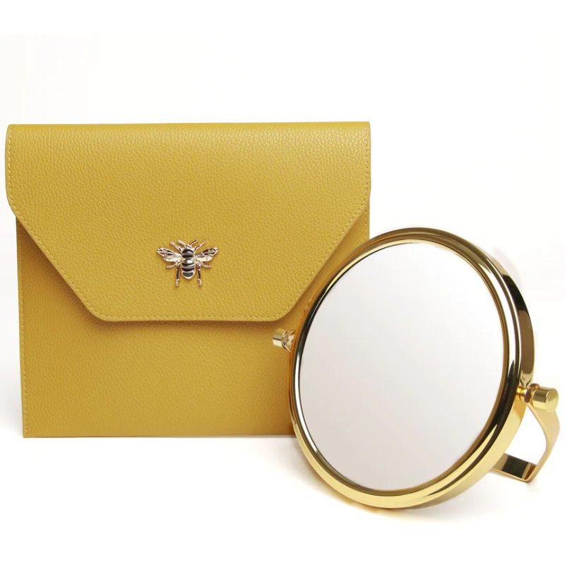 Alice Wheeler Ochre Luxury Pocket Mirror And Case image of the mirror and case on a white background