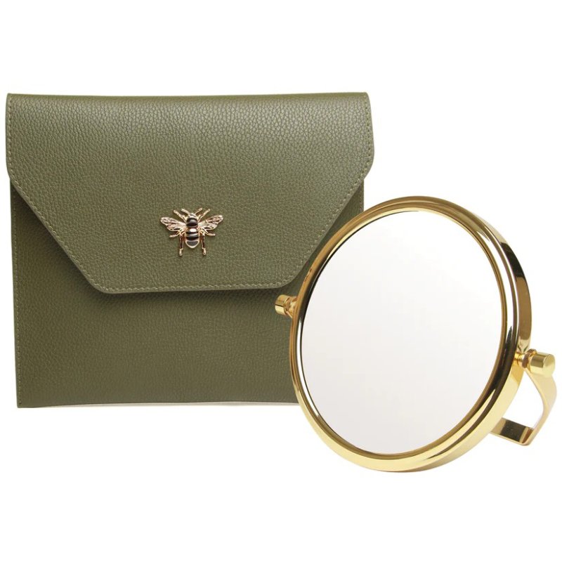 Alice Wheeler Olive Luxury Travel Mirror And Case image of the mirror and case on a white background