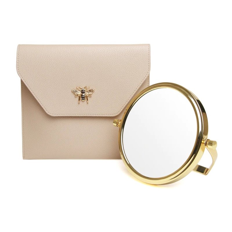 Alice Wheeler Stone Luxury Travel Mirror And Case image of the mirror and case on a white background