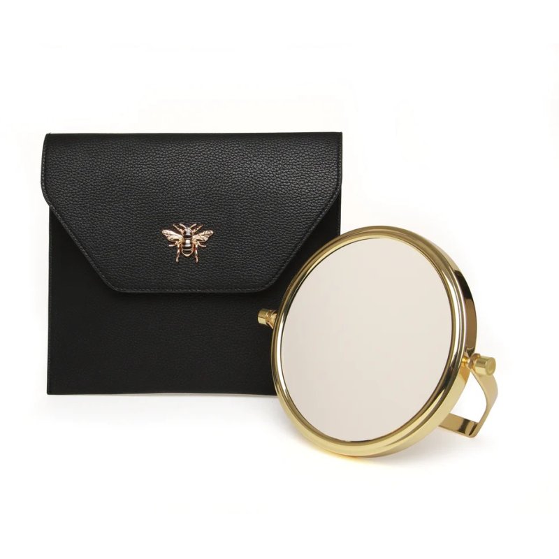 Alice Wheeler Black Luxury Travel Mirror And Case image of the mirror and case on a white background