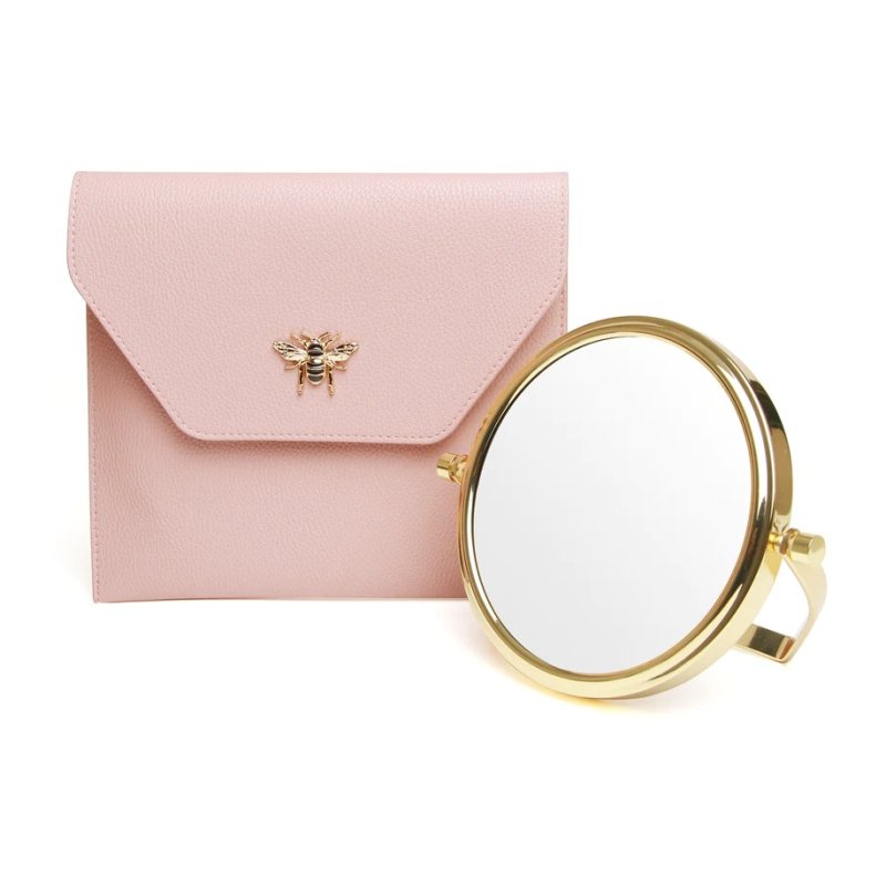 Alice Wheeler Pink Luxury Travel Mirror And Case image of the mirror and case on a white background