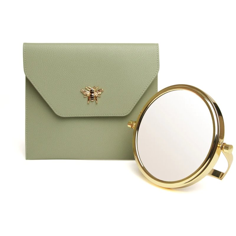 Alice Wheeler Sage Luxury Travel Mirror And Case image of the mirror and case on a white background