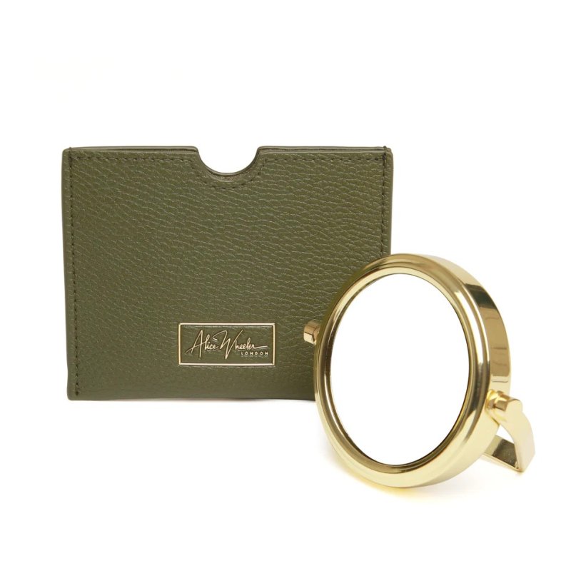 Alice Wheeler Olive Mirror And Pouch image of the mirror and pouch on a white background