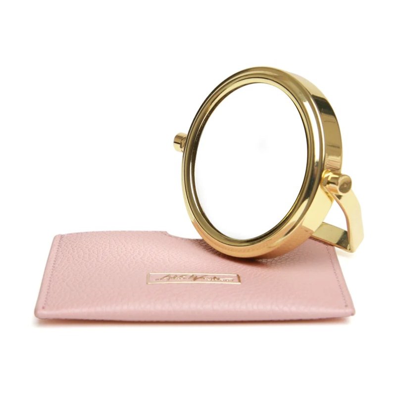 Alice Wheeler Pink Mirror And Pouch image of the mirror and pouch on a white background