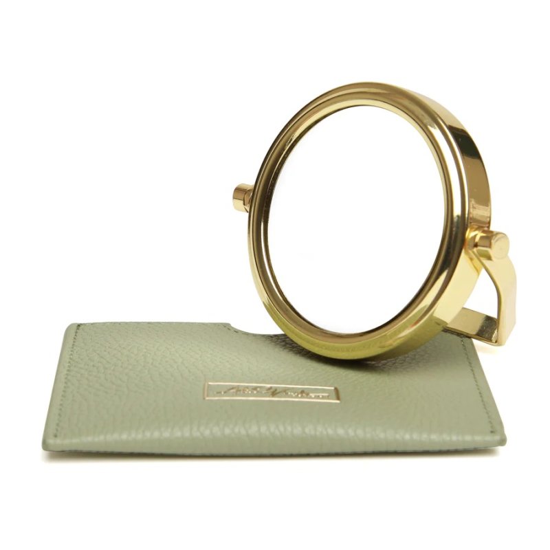 Alice Wheeler Sage Mirror And Pouch image of the mirror and pouch on a white background