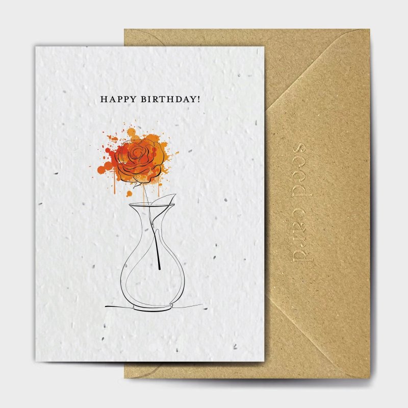 The Seed Card Company And Also Orange Birthday Card image of the card and envelope on a white background