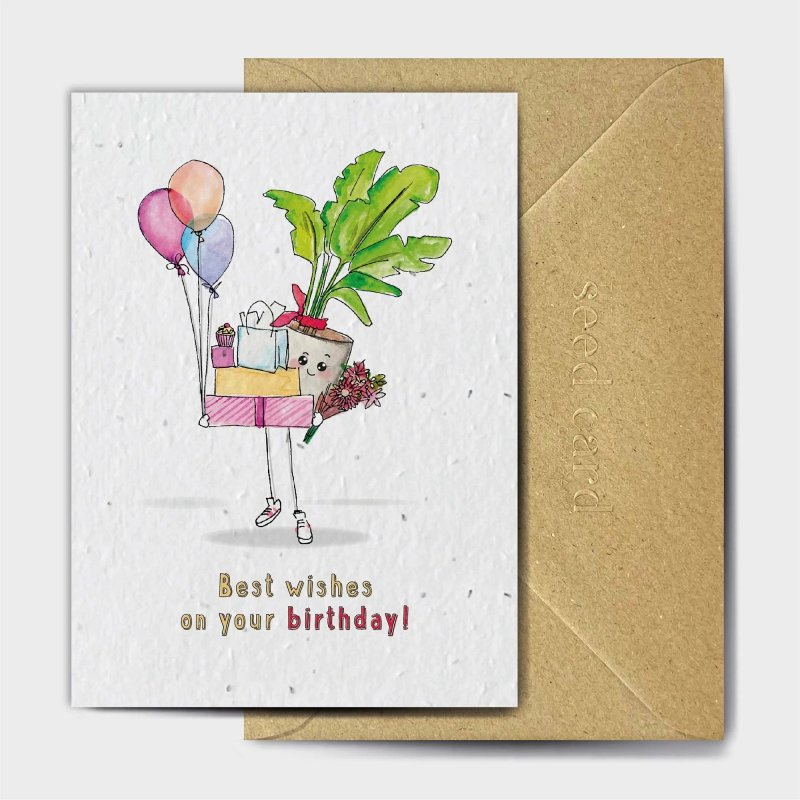 The Seed Card Company Plants, Pins & Presents Birthday Card image of the card on a white background