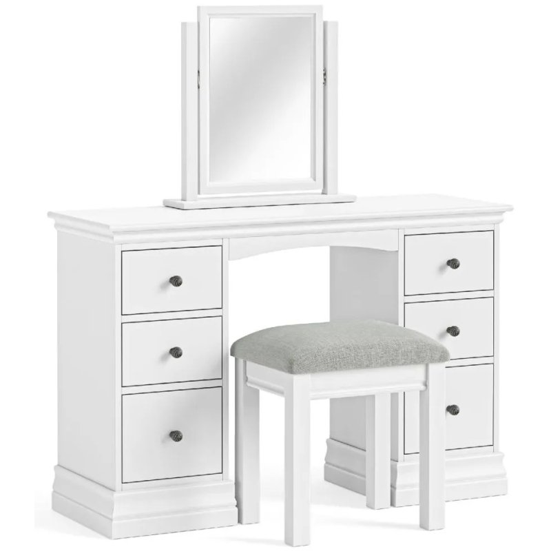 Bordeaux White Double Pedestal Dressing Table image of the table with the mirror and stool on a white background