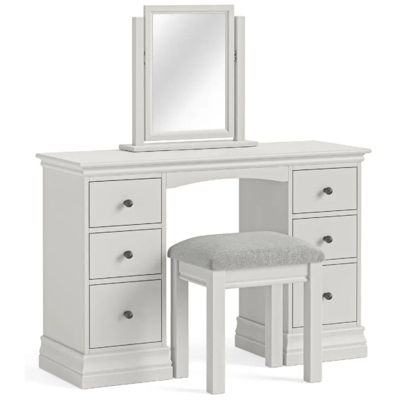 Bordeaux Cotton Double Pedestal Dressing Table image of the dressing table with mirror and stool on a white background