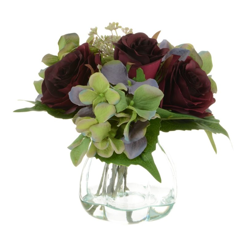 Floralsilk Burgundy Green Rose & Hydrangea In Curve Vase image of the flowers in vase on a white background