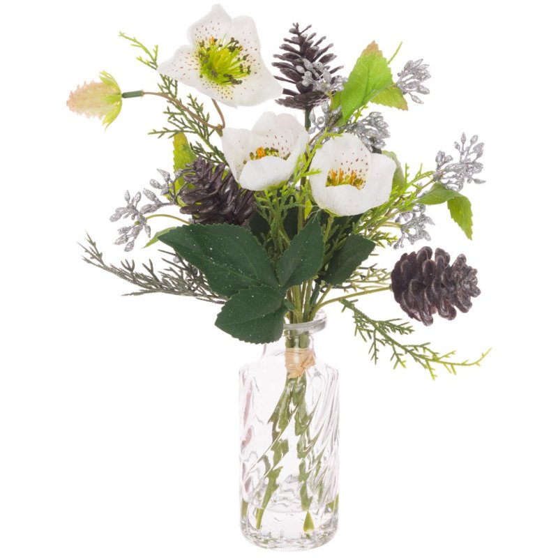Floralsilk Helleborne in Perfume Bottle image of the flowers and vase on a white background