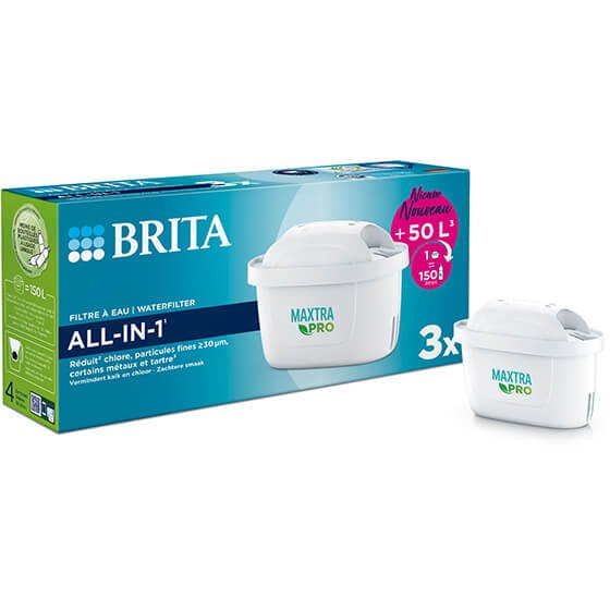 Brita Maxtra Pro All In One 3 Pack image of the packaging and filter on a white background