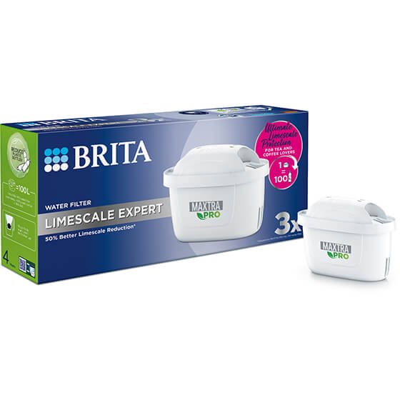Brita Maxtra Pro Limescale Expert 3 Pack image of the packaging and filter on a white background
