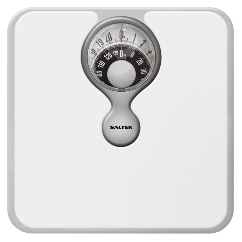 Salter White Magnifying Mechanical Bathroom Scale front on image of the scales on a white background
