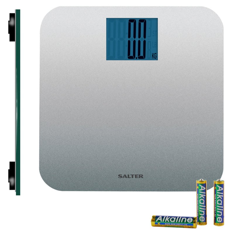 Salter Silver Max Electronic Bathroom Scale image of the front and side angle of the scales on a white background