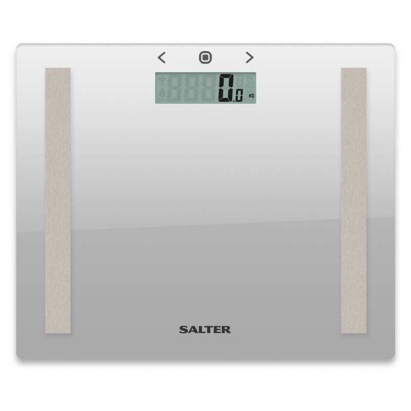 Salter Compact Glass Silver Analyser Bathroom Scale front on image of the scales on a white background