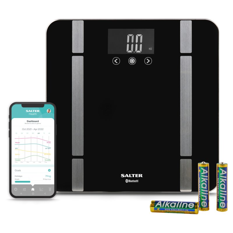 Salter Smart Bluetooth Bathroom Scale image of the scales with phone and batteries on a white background