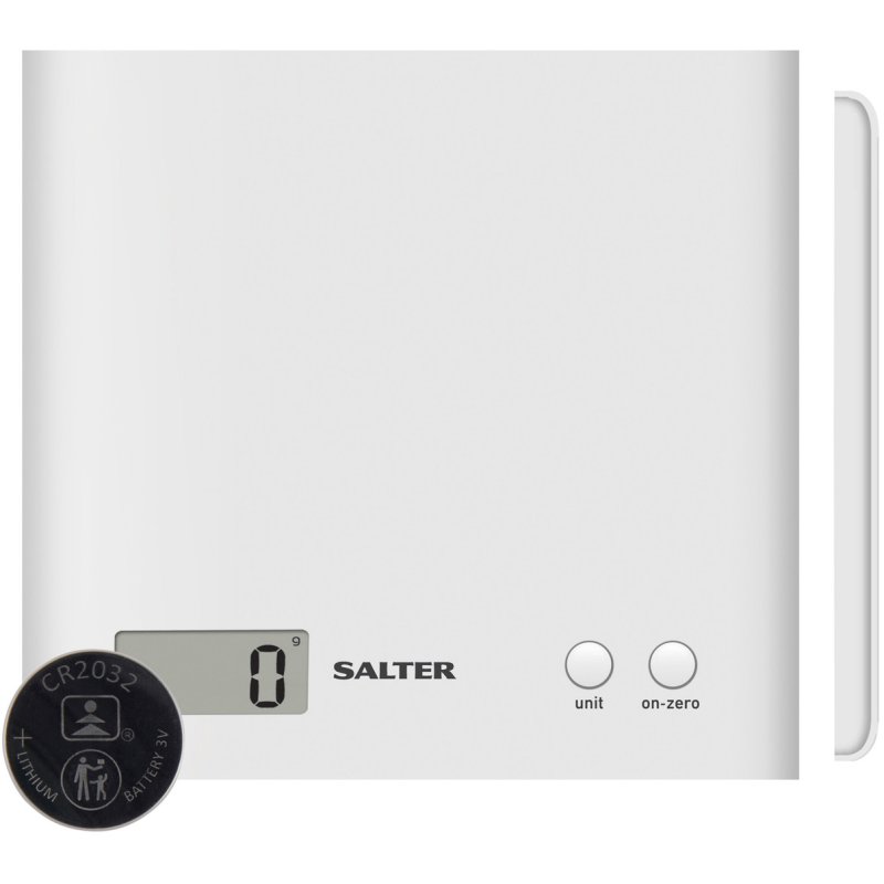 Salter White ARC Digital Kitchen Scale front on image of the scales on a white background