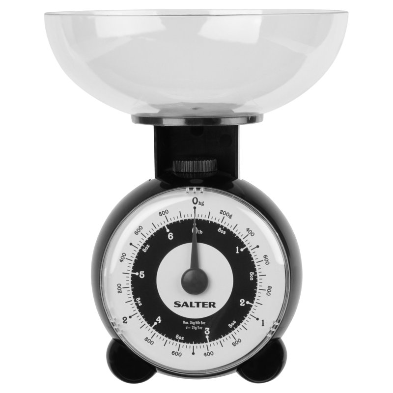 Salter Black Orb Mechanical Kitchen Scale front on image of the scales on a white background
