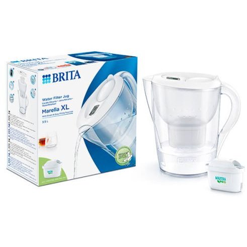 Brita Marella XL White Filter Water Jug image of the jug and packaging on a white background