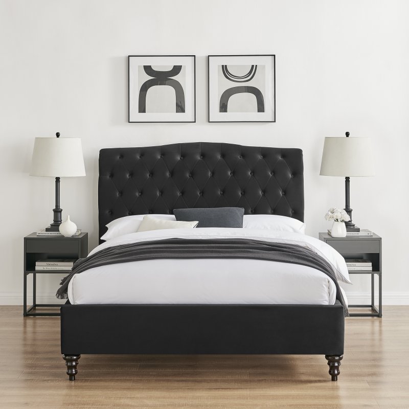 Beatrice Bedstead In Black Velvet front on lifestyle image of the bedstead