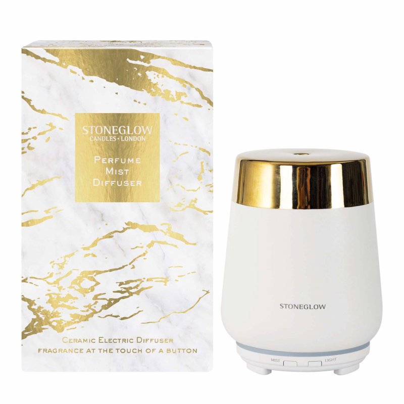 Stoneglow Luna White And Gold Perfume Mist Diffuser image of the diffuser with packaging on a white background