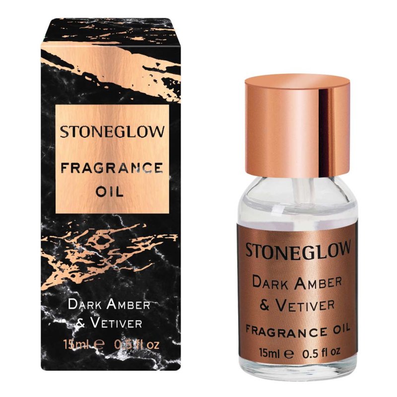 Stoneglow Luna Dark Amber & Vetiver 15ml Fragrance Oil image of the oil and packaging on a white background