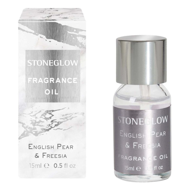 Stoneglow Luna English Pear & Freesia 15ml Frangrance Oil image of the oil and packaging on a white background