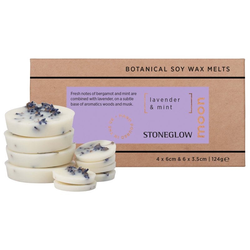 Stoneglow Moon Botanical Lavendar & Mint Soy Wax Melts image of the wax melts and packaging on a white background