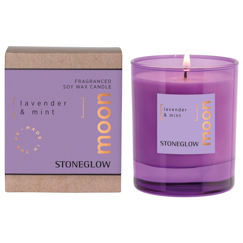 Stoneglow Moon Lavendar & Mint Soy Wax Candle image of the candle lit and packaging on a white background