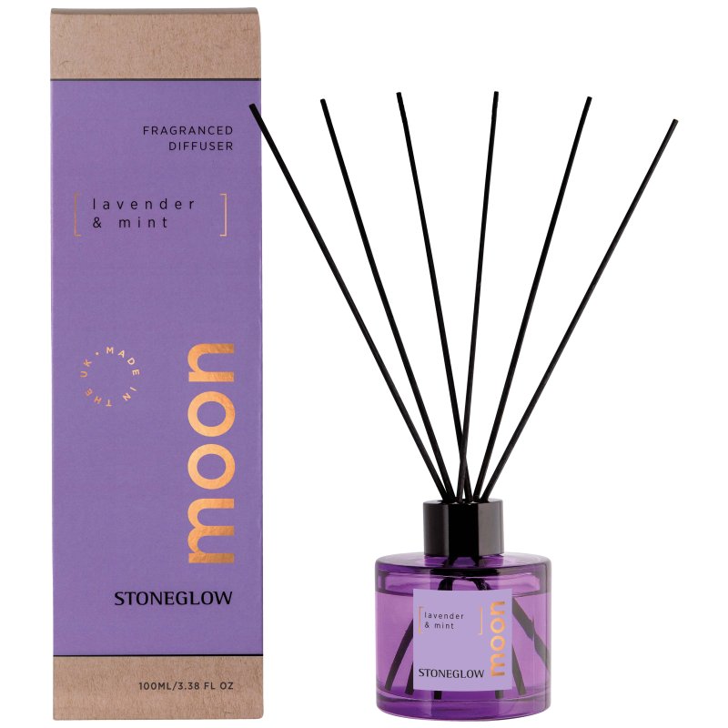 Stoneglow Moon Lavendar & Mint Reed Diffuser image of the diffuser with packaging on a white background