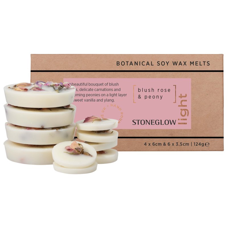 Stoneglow Light Blush Rose & Peony Soy Wax Melts image of the melts and packaging on a white background