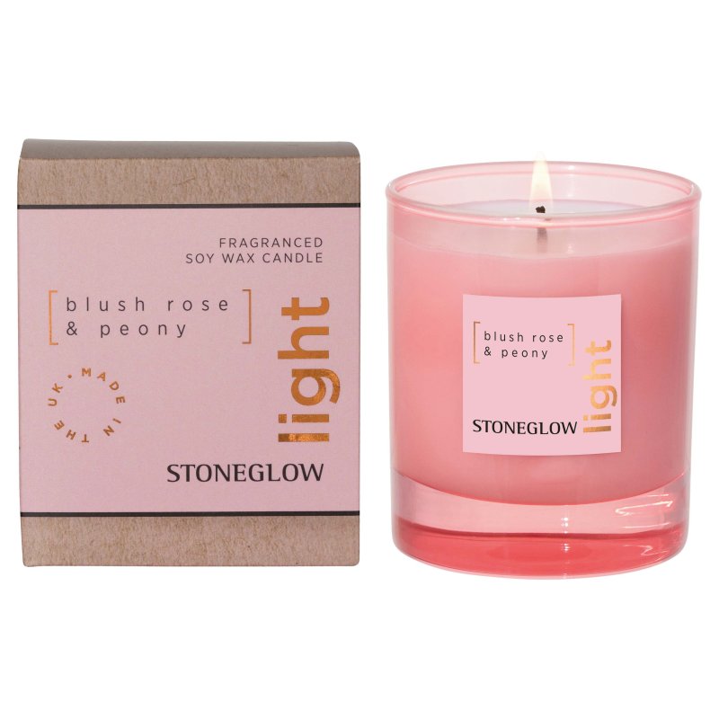 Stoneglow Light Blush Rose & Peony Soy Wax Scented Candle image of the candle with packaging on a white background