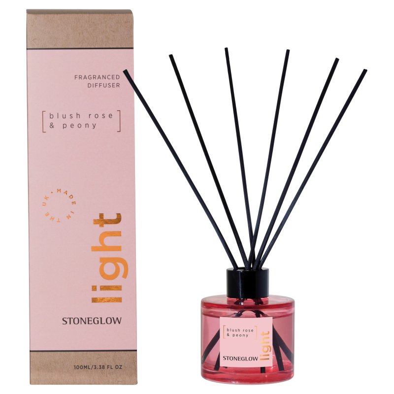 Stoneglow Light Blush Rose & Peony Reed Diffuser image of the diffuser with packaging on a white background